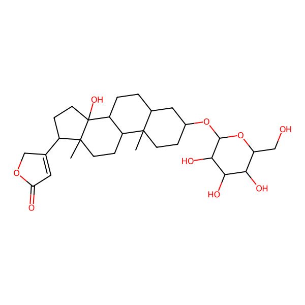 2D Structure of 3-[(3S,5R,8S,9R,10S,13R,14S,17R)-14-hydroxy-10,13-dimethyl-3-[(2R,3R,4S,5S,6R)-3,4,5-trihydroxy-6-(hydroxymethyl)oxan-2-yl]oxy-1,2,3,4,5,6,7,8,9,11,12,15,16,17-tetradecahydrocyclopenta[a]phenanthren-17-yl]-2H-furan-5-one