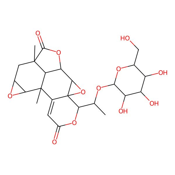 2D Structure of 10,15-Dimethyl-5-[1-[3,4,5-trihydroxy-6-(hydroxymethyl)oxan-2-yl]oxyethyl]-3,6,12,17-tetraoxahexacyclo[8.7.1.02,4.04,9.011,13.015,18]octadec-8-ene-7,16-dione