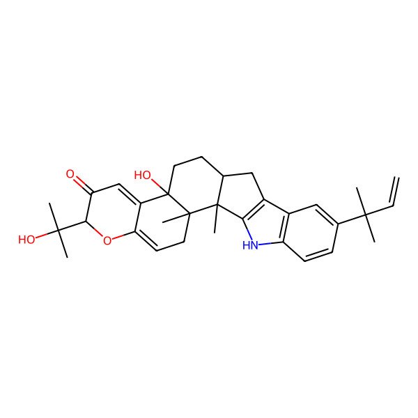 2D Structure of 11-Hydroxy-7-(2-hydroxypropan-2-yl)-1,2-dimethyl-19-(2-methylbut-3-en-2-yl)-6-oxa-23-azahexacyclo[12.10.0.02,11.05,10.016,24.017,22]tetracosa-4,9,16(24),17(22),18,20-hexaen-8-one