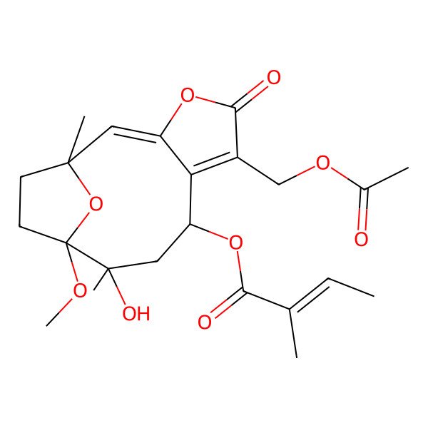 2D Structure of [6-(Acetyloxymethyl)-10-hydroxy-11-methoxy-1,10-dimethyl-5-oxo-4,14-dioxatricyclo[9.2.1.03,7]tetradeca-2,6-dien-8-yl] 2-methylbut-2-enoate