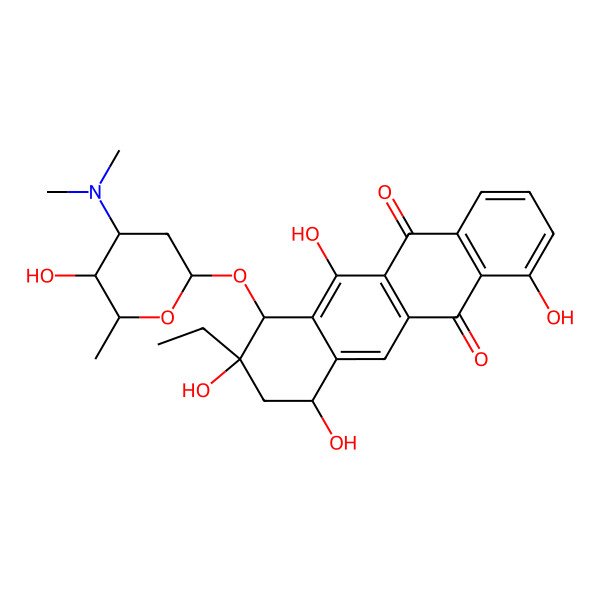 2D Structure of 10-[4-(dimethylamino)-5-hydroxy-6-methyloxan-2-yl]oxy-9-ethyl-4,7,9,11-tetrahydroxy-8,10-dihydro-7H-tetracene-5,12-dione
