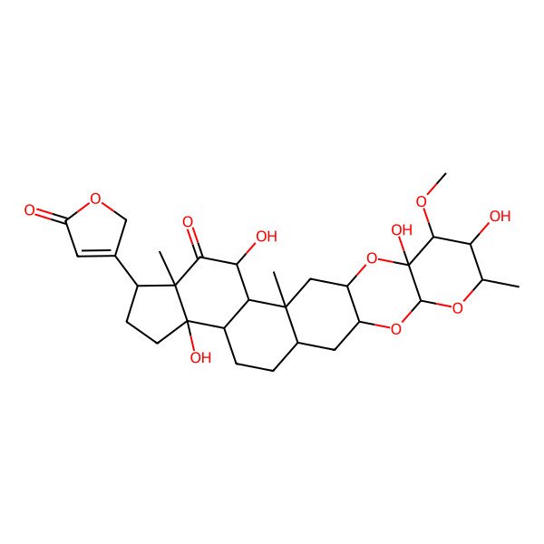 2D Structure of 8,10,16,22-tetrahydroxy-9-methoxy-7,14,18-trimethyl-19-(5-oxo-2H-furan-3-yl)-4,6,11-trioxahexacyclo[12.11.0.03,12.05,10.015,23.018,22]pentacosan-17-one
