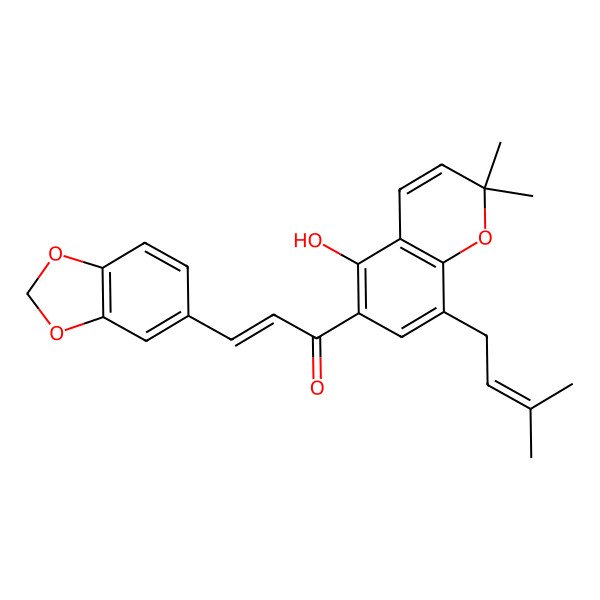 2D Structure of 3-(1,3-Benzodioxol-5-yl)-1-[5-hydroxy-2,2-dimethyl-8-(3-methylbut-2-enyl)chromen-6-yl]prop-2-en-1-one