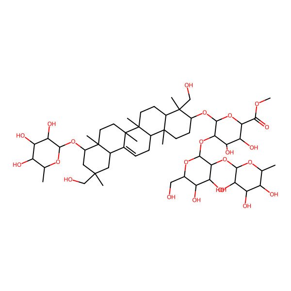 2D Structure of Methyl 6-[[4,11-bis(hydroxymethyl)-4,6a,6b,8a,11,14b-hexamethyl-9-(3,4,5-trihydroxy-6-methyloxan-2-yl)oxy-1,2,3,4a,5,6,7,8,9,10,12,12a,14,14a-tetradecahydropicen-3-yl]oxy]-5-[4,5-dihydroxy-6-(hydroxymethyl)-3-(3,4,5-trihydroxy-6-methyloxan-2-yl)oxyoxan-2-yl]oxy-3,4-dihydroxyoxane-2-carboxylate