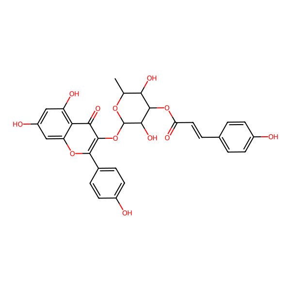 2D Structure of [2-[5,7-Dihydroxy-2-(4-hydroxyphenyl)-4-oxochromen-3-yl]oxy-3,5-dihydroxy-6-methyloxan-4-yl] 3-(4-hydroxyphenyl)prop-2-enoate