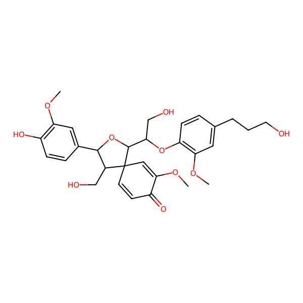 2D Structure of (1S,3S,4R,5S)-1-[(1S)-2-hydroxy-1-[4-(3-hydroxypropyl)-2-methoxyphenoxy]ethyl]-3-(4-hydroxy-3-methoxyphenyl)-4-(hydroxymethyl)-7-methoxy-2-oxaspiro[4.5]deca-6,9-dien-8-one