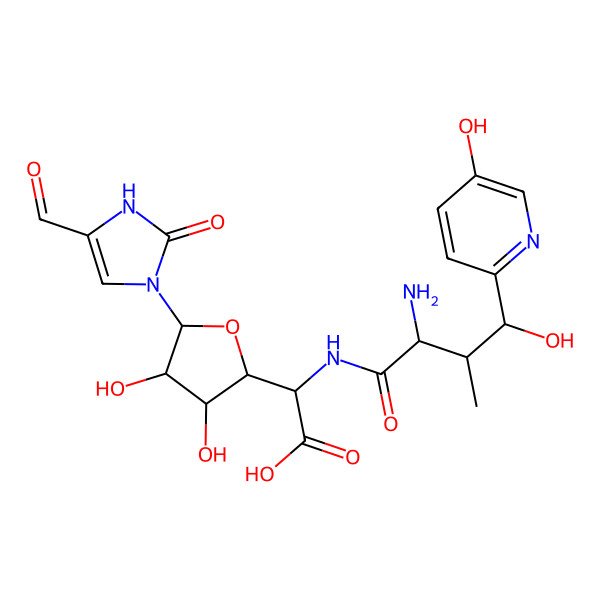 2D Structure of (2S)-2-[[(2S,3S,4R)-2-amino-4-hydroxy-4-(5-hydroxy-2-pyridinyl)-3-methylbutanoyl]amino]-2-[(2R,3S,4R,5R)-5-(5-formyl-2-oxo-1H-imidazol-3-yl)-3,4-dihydroxyoxolan-2-yl]acetic acid
