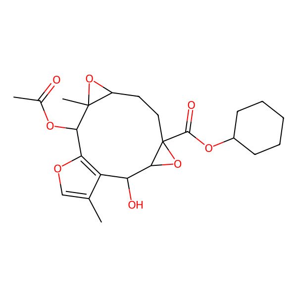 2D Structure of Cyclohexyl 11-acetyloxy-2-hydroxy-10,15-dimethyl-4,9,13-trioxatetracyclo[10.3.0.03,5.08,10]pentadeca-1(12),14-diene-5-carboxylate