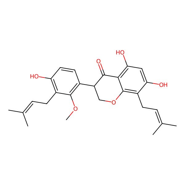 2D Structure of (3R)-5,7-dihydroxy-3-[4-hydroxy-2-methoxy-3-(3-methylbut-2-enyl)phenyl]-8-(3-methylbut-2-enyl)-2,3-dihydrochromen-4-one