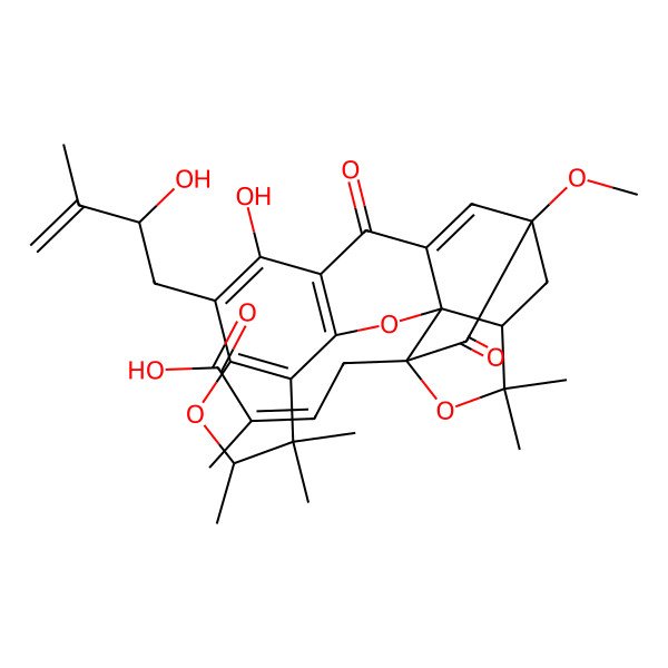 2D Structure of (Z)-4-[(1R,2R,7S,16S,18S)-11-hydroxy-10-[(2R)-2-hydroxy-3-methylbut-3-enyl]-16-methoxy-6,6,7,20,20-pentamethyl-13,17-dioxo-3,8,19-trioxahexacyclo[14.4.1.02,14.02,18.04,12.05,9]henicosa-4(12),5(9),10,14-tetraen-18-yl]-2-methylbut-2-enoic acid