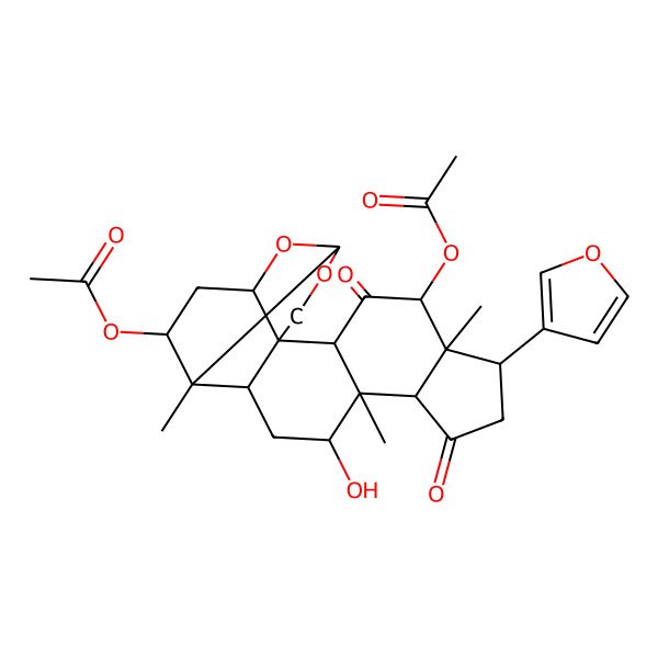 2D Structure of [(1S,2S,4R,5S,6S,9S,10S,11R,13R,14R,15S,17R)-4-acetyloxy-6-(furan-3-yl)-11-hydroxy-5,10,14-trimethyl-3,8-dioxo-18,20-dioxahexacyclo[11.8.0.01,17.02,10.05,9.014,19]henicosan-15-yl] acetate