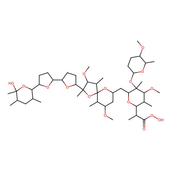 2D Structure of (2R)-2-[(2S,3S,4S,5S,6S)-6-[[(2R,3R,4R,5S,6R,7R,9S)-2-[(5S)-5-[(2R,5R)-5-[(3S,5R,6S)-6-hydroxy-3,5,6-trimethyloxan-2-yl]oxolan-2-yl]oxolan-2-yl]-3,7-dimethoxy-2,4,6-trimethyl-1,10-dioxaspiro[4.5]decan-9-yl]methyl]-4-methoxy-5-[(2S,5S,6R)-5-methoxy-6-methyloxan-2-yl]oxy-3,5-dimethyloxan-2-yl]propaneperoxoic acid