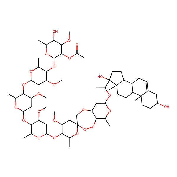 2D Structure of [(2S,3R,4S,5S,6R)-2-[(2R,3R,4S,6S)-6-[(2R,3R,4S,6S)-6-[(2R,3R,4S,6S)-6-[(2'R,3S,3'R,4'R,5aR,7S,9R,9aR)-7-[(1S)-1-[(3S,8R,9S,10R,13S,14S,17R)-3,17-dihydroxy-10,13-dimethyl-1,2,3,4,7,8,9,11,12,14,15,16-dodecahydrocyclopenta[a]phenanthren-17-yl]ethoxy]-4'-methoxy-2',9-dimethylspiro[4,5a,6,7,9,9a-hexahydropyrano[3,4-c][1,2,5]trioxepine-3,6'-oxane]-3'-yl]oxy-4-methoxy-2-methyloxan-3-yl]oxy-4-methoxy-2-methyloxan-3-yl]oxy-4-methoxy-2-methyloxan-3-yl]oxy-5-hydroxy-4-methoxy-6-methyloxan-3-yl] acetate