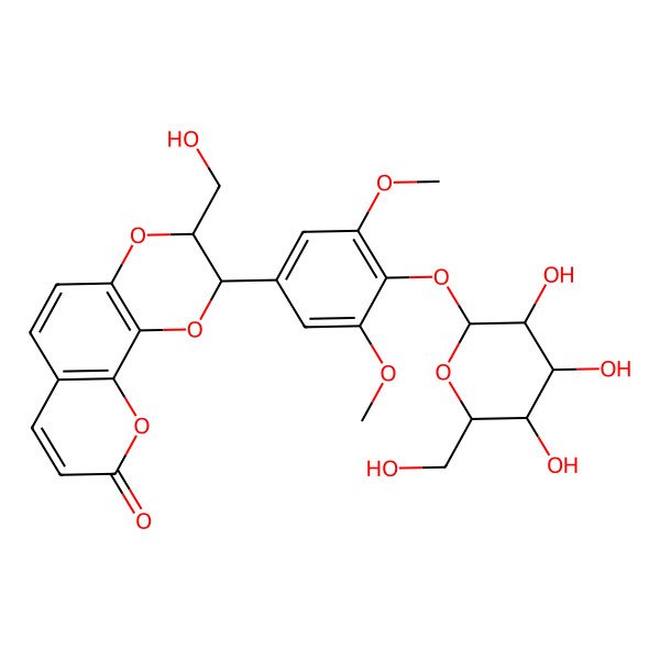 2D Structure of 2-[3,5-Dimethoxy-4-[3,4,5-trihydroxy-6-(hydroxymethyl)oxan-2-yl]oxyphenyl]-3-(hydroxymethyl)-2,3-dihydropyrano[3,2-h][1,4]benzodioxin-9-one