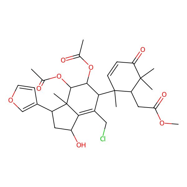 2D Structure of Methyl 2-[2-[6,7-diacetyloxy-4-(chloromethyl)-1-(furan-3-yl)-3-hydroxy-7a-methyl-1,2,3,5,6,7-hexahydroinden-5-yl]-2,6,6-trimethyl-5-oxocyclohex-3-en-1-yl]acetate