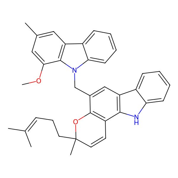 2D Structure of (3R)-5-[(1-methoxy-3-methylcarbazol-9-yl)methyl]-3-methyl-3-(4-methylpent-3-enyl)-11H-pyrano[3,2-a]carbazole