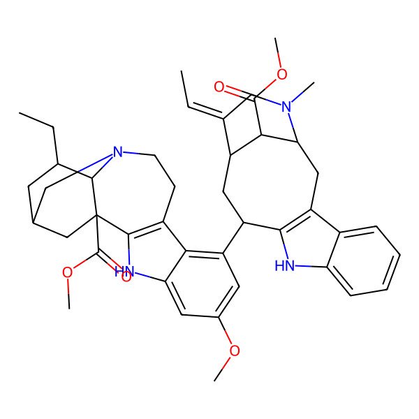 2D Structure of methyl (1R,15R,17S,18S)-17-ethyl-8-[(1R,12R,14S,15E,18S)-15-ethylidene-18-methoxycarbonyl-17-methyl-10,17-diazatetracyclo[12.3.1.03,11.04,9]octadeca-3(11),4,6,8-tetraen-12-yl]-6-methoxy-3,13-diazapentacyclo[13.3.1.02,10.04,9.013,18]nonadeca-2(10),4,6,8-tetraene-1-carboxylate
