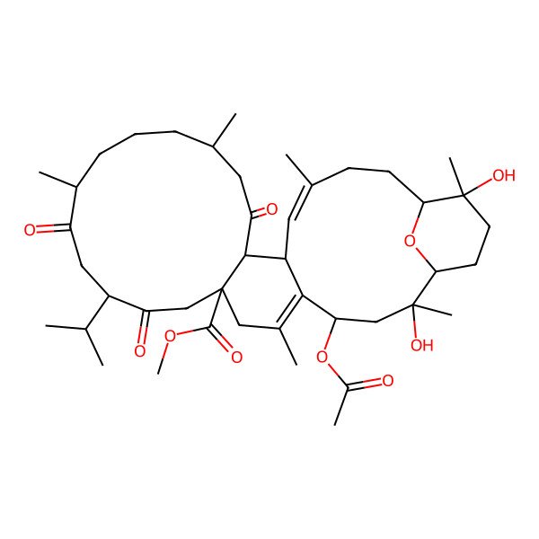 2D Structure of Methyl 4-acetyloxy-2,28-dihydroxy-2,6,14,18,24,28-hexamethyl-10,13,20-trioxo-11-propan-2-yl-31-oxatetracyclo[25.3.1.05,22.08,21]hentriaconta-5,23-diene-8-carboxylate