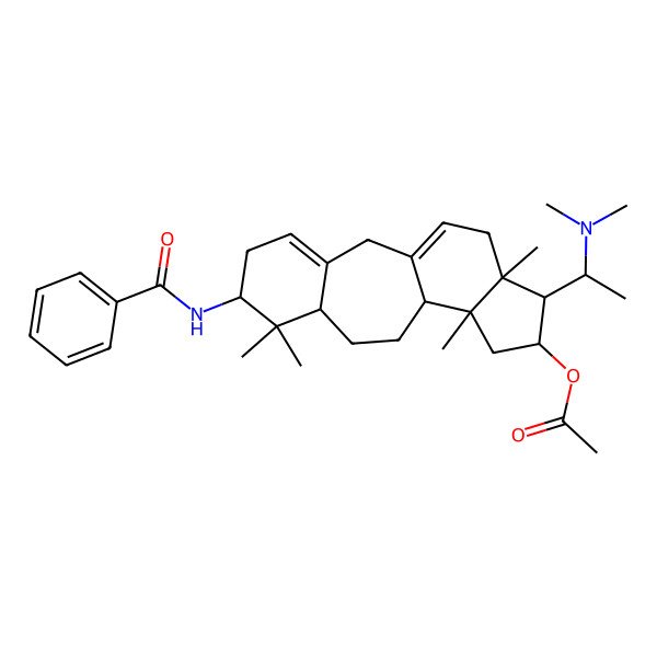 2D Structure of [(6S,8R,11R,12S,14R,15S,16R)-6-benzamido-15-[(1S)-1-(dimethylamino)ethyl]-7,7,12,16-tetramethyl-14-tetracyclo[9.7.0.03,8.012,16]octadeca-1(18),3-dienyl] acetate