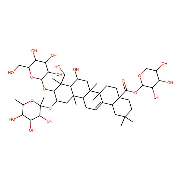 2D Structure of [(2S,3R,4S,5S)-3,4,5-trihydroxyoxan-2-yl] (4aS,6aR,6aS,6bR,8R,8aR,9R,10R,11S,12aR,14bS)-8-hydroxy-9-(hydroxymethyl)-2,2,6a,6b,9,12a-hexamethyl-11-[(2R,3R,4R,5R,6S)-3,4,5-trihydroxy-2,6-dimethyloxan-2-yl]oxy-10-[(2R,3R,4S,5S,6R)-3,4,5-trihydroxy-6-(hydroxymethyl)oxan-2-yl]oxy-1,3,4,5,6,6a,7,8,8a,10,11,12,13,14b-tetradecahydropicene-4a-carboxylate