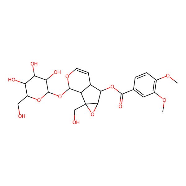 2D Structure of NCGC00380852-01_C24H30O13_2-(Hexopyranosyloxy)-1a-(hydroxymethyl)-1a,1b,2,5a,6,6a-hexahydrooxireno[4,5]cyclopenta[1,2-c]pyran-6-yl 3,4-dimethoxybenzoate