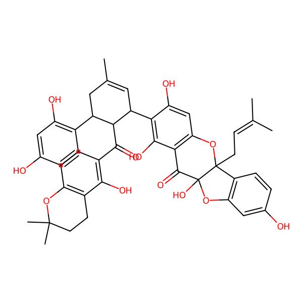 2D Structure of 2-[(1S,5S,6R)-5-(2,4-dihydroxyphenyl)-6-(5-hydroxy-2,2-dimethyl-3,4-dihydrochromene-6-carbonyl)-3-methylcyclohex-2-en-1-yl]-1,3,8,10a-tetrahydroxy-5a-(3-methylbut-2-enyl)-[1]benzofuro[3,2-b]chromen-11-one