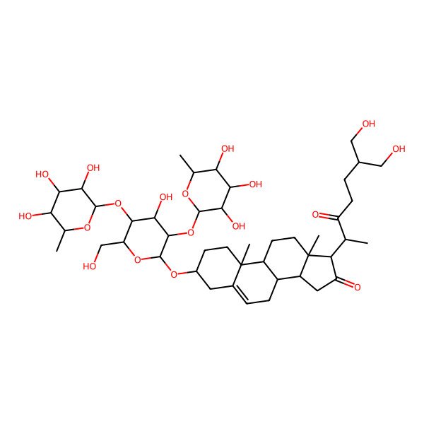 2D Structure of (3S,8S,9S,10R,13S,14S,17R)-3-[(2R,3R,4S,5S,6R)-4-hydroxy-6-(hydroxymethyl)-3,5-bis[[(2S,3R,4R,5R,6S)-3,4,5-trihydroxy-6-methyloxan-2-yl]oxy]oxan-2-yl]oxy-17-[(2S)-7-hydroxy-6-(hydroxymethyl)-3-oxoheptan-2-yl]-10,13-dimethyl-1,2,3,4,7,8,9,11,12,14,15,17-dodecahydrocyclopenta[a]phenanthren-16-one