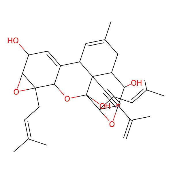 2D Structure of 8-Methyl-2,16-bis(3-methylbut-2-enyl)-19-(3-methylbut-3-en-1-ynyl)-3,15,18-trioxahexacyclo[8.8.1.02,4.06,19.011,17.014,16]nonadeca-8,11-diene-1,5,13-triol