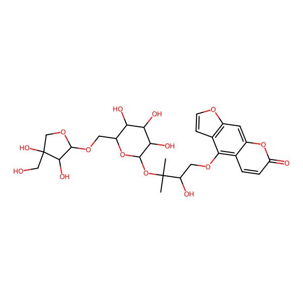 2D Structure of 4-[(2R)-3-[(2S,3R,4S,5S,6R)-6-[[(2R,3R,4R)-3,4-dihydroxy-4-(hydroxymethyl)oxolan-2-yl]oxymethyl]-3,4,5-trihydroxyoxan-2-yl]oxy-2-hydroxy-3-methylbutoxy]furo[3,2-g]chromen-7-one