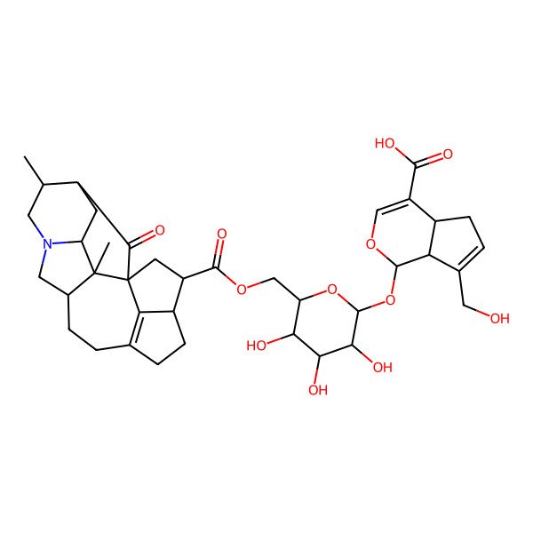 2D Structure of (1S,4aS,7aS)-1-[(2S,3R,4S,5S,6R)-6-[[(1R,2S,3R,5S,6S,10S,16R,17R)-2,6-dimethyl-20-oxo-8-azahexacyclo[11.5.1.11,5.02,10.03,8.016,19]icos-13(19)-ene-17-carbonyl]oxymethyl]-3,4,5-trihydroxyoxan-2-yl]oxy-7-(hydroxymethyl)-1,4a,5,7a-tetrahydrocyclopenta[c]pyran-4-carboxylic acid