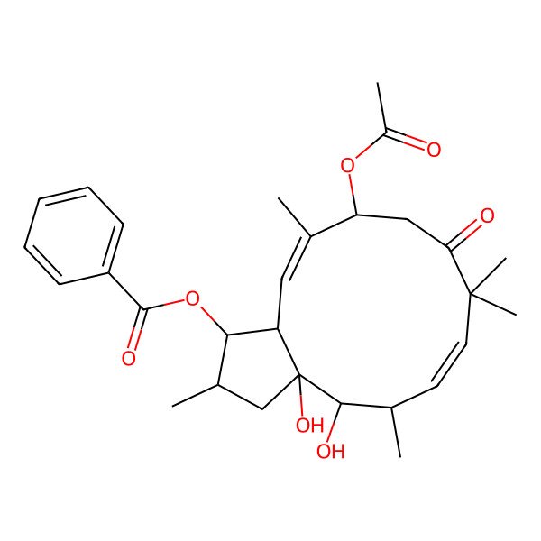 2D Structure of [(1S,2R,3aR,4R,5R,6E,11R,12E,13aS)-11-acetyloxy-3a,4-dihydroxy-2,5,8,8,12-pentamethyl-9-oxo-1,2,3,4,5,10,11,13a-octahydrocyclopenta[12]annulen-1-yl] benzoate