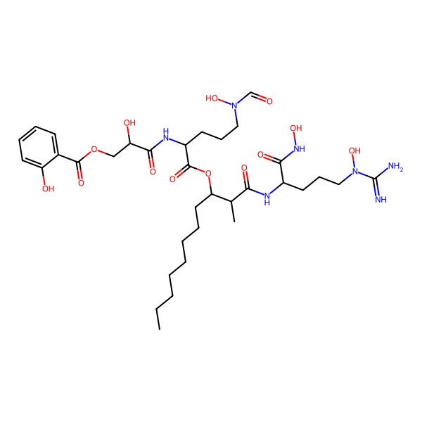 2D Structure of [(2S)-3-[[(2S)-1-[(2R,3S)-1-[[(2S)-5-[carbamimidoyl(hydroxy)amino]-1-(hydroxyamino)-1-oxopentan-2-yl]amino]-2-methyl-1-oxoundecan-3-yl]oxy-5-[formyl(hydroxy)amino]-1-oxopentan-2-yl]amino]-2-hydroxy-3-oxopropyl] 2-hydroxybenzoate