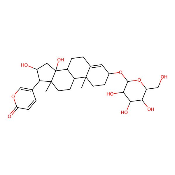 2D Structure of 5-[(3S,8R,9S,10R,13R,14S,16S,17R)-14,16-dihydroxy-10,13-dimethyl-3-[(2R,3R,4S,5S,6R)-3,4,5-trihydroxy-6-(hydroxymethyl)oxan-2-yl]oxy-1,2,3,6,7,8,9,11,12,15,16,17-dodecahydrocyclopenta[a]phenanthren-17-yl]pyran-2-one
