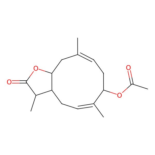 2D Structure of [(3R,3aR,5Z,7S,9E,11aR)-3,6,10-trimethyl-2-oxo-3a,4,7,8,11,11a-hexahydro-3H-cyclodeca[b]furan-7-yl] acetate