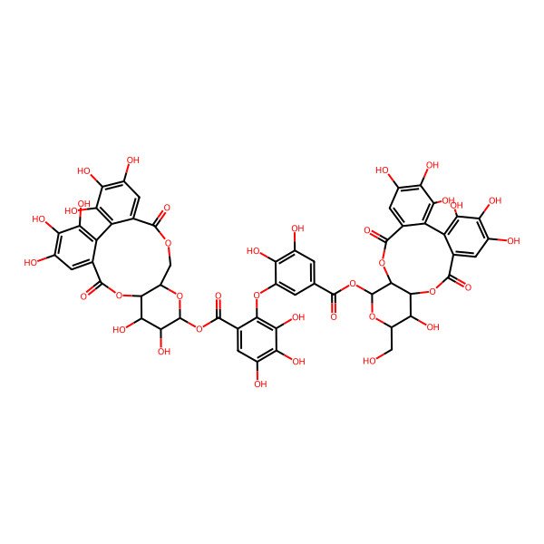 2D Structure of (3,4,5,11,12,21,22,23-Octahydroxy-8,18-dioxo-9,14,17-trioxatetracyclo[17.4.0.02,7.010,15]tricosa-1(23),2,4,6,19,21-hexaen-13-yl) 2-[5-[[3,4,5,14,20,21,22-heptahydroxy-13-(hydroxymethyl)-8,17-dioxo-9,12,16-trioxatetracyclo[16.4.0.02,7.010,15]docosa-1(22),2,4,6,18,20-hexaen-11-yl]oxycarbonyl]-2,3-dihydroxyphenoxy]-3,4,5-trihydroxybenzoate