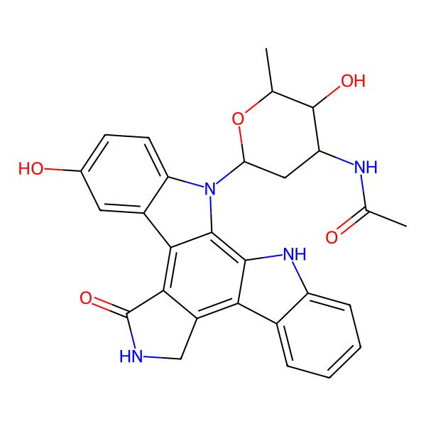 2D Structure of N-[3-hydroxy-6-(7-hydroxy-12-oxo-3,13,23-triazahexacyclo[14.7.0.02,10.04,9.011,15.017,22]tricosa-1,4(9),5,7,10,15,17,19,21-nonaen-3-yl)-2-methyloxan-4-yl]acetamide