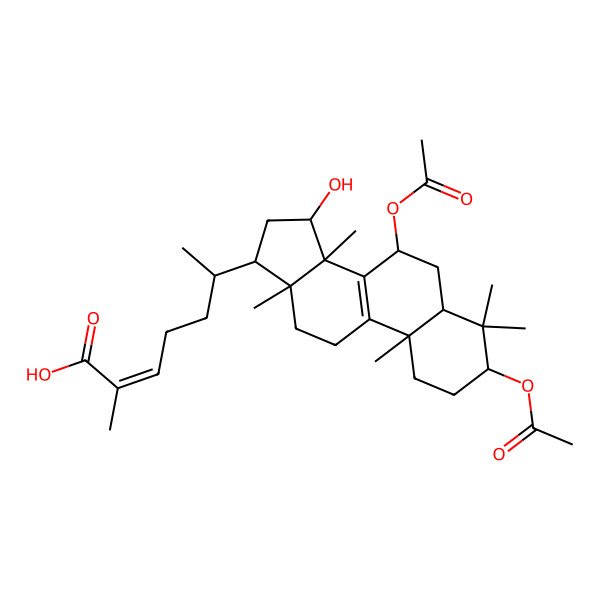 2D Structure of (E,6S)-6-[(3S,5R,7R,10S,13R,14R,15S,17R)-3,7-diacetyloxy-15-hydroxy-4,4,10,13,14-pentamethyl-2,3,5,6,7,11,12,15,16,17-decahydro-1H-cyclopenta[a]phenanthren-17-yl]-2-methylhept-2-enoic acid
