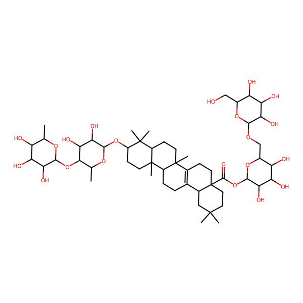 2D Structure of [3,4,5-trihydroxy-6-[[3,4,5-trihydroxy-6-(hydroxymethyl)oxan-2-yl]oxymethyl]oxan-2-yl] 10-[3,4-dihydroxy-6-methyl-5-(3,4,5-trihydroxy-6-methyloxan-2-yl)oxyoxan-2-yl]oxy-2,2,6b,9,9,12a-hexamethyl-3,4,5,6,6a,7,8,8a,10,11,12,13,14,14b-tetradecahydro-1H-picene-4a-carboxylate