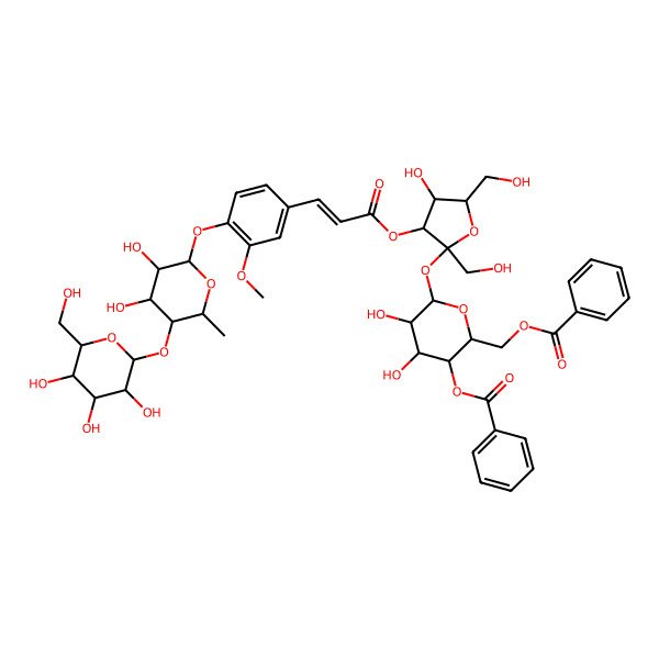 2D Structure of [(2R,3S,4R,5R,6R)-3-benzoyloxy-6-[(2S,3S,4R,5R)-3-[(E)-3-[4-[(2S,3R,4S,5R,6S)-3,4-dihydroxy-6-methyl-5-[(2S,3R,4S,5S,6R)-3,4,5-trihydroxy-6-(hydroxymethyl)oxan-2-yl]oxyoxan-2-yl]oxy-3-methoxyphenyl]prop-2-enoyl]oxy-4-hydroxy-2,5-bis(hydroxymethyl)oxolan-2-yl]oxy-4,5-dihydroxyoxan-2-yl]methyl benzoate