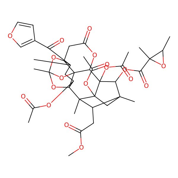 2D Structure of [3,7,17-Triacetyloxy-19-(furan-3-carbonyl)-21-(2-methoxy-2-oxoethyl)-2,5,15,19-tetramethyl-10-oxo-9,14,16,20-tetraoxaheptacyclo[10.4.3.12,5.112,15.01,13.03,7.08,13]henicosan-6-yl] 2,3-dimethyloxirane-2-carboxylate