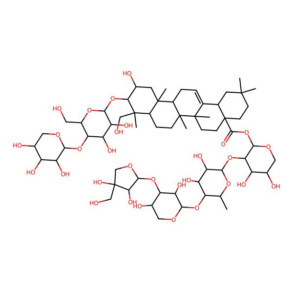 2D Structure of [(2S,3R,4S,5S)-3-[(2S,3R,4S,5R,6S)-5-[(2S,3R,4S,5R)-4-[(2S,3R,4R)-3,4-dihydroxy-4-(hydroxymethyl)oxolan-2-yl]oxy-3,5-dihydroxyoxan-2-yl]oxy-3,4-dihydroxy-6-methyloxan-2-yl]oxy-4,5-dihydroxyoxan-2-yl] (4aS,6aR,6aS,6bR,8aR,9R,10R,11S,12aR,14bS)-10-[(2R,3R,4R,5S,6R)-3,4-dihydroxy-6-(hydroxymethyl)-5-[(2S,3R,4S,5R)-3,4,5-trihydroxyoxan-2-yl]oxyoxan-2-yl]oxy-11-hydroxy-9-(hydroxymethyl)-2,2,6a,6b,9,12a-hexamethyl-1,3,4,5,6,6a,7,8,8a,10,11,12,13,14b-tetradecahydropicene-4a-carboxylate