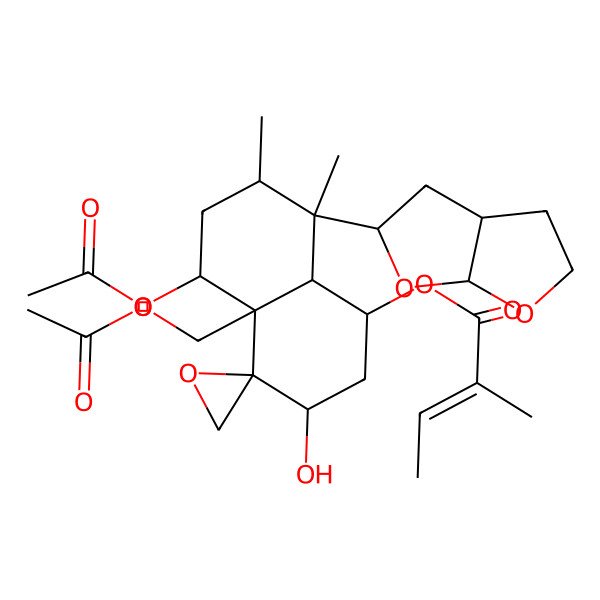 2D Structure of [(1R,3S,4R,4aR,5S,7R,8S,8aR)-8-[(3aR,5S,6aS)-2,3,3a,4,5,6a-hexahydrofuro[2,3-b]furan-5-yl]-5-acetyloxy-4a-(acetyloxymethyl)-3-hydroxy-7,8-dimethylspiro[2,3,5,6,7,8a-hexahydro-1H-naphthalene-4,2'-oxirane]-1-yl] (E)-2-methylbut-2-enoate