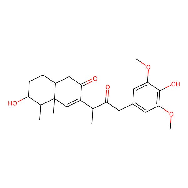 2D Structure of 6-Hydroxy-3-[4-(4-hydroxy-3,5-dimethoxyphenyl)-3-oxobutan-2-yl]-4a,5-dimethyl-1,5,6,7,8,8a-hexahydronaphthalen-2-one