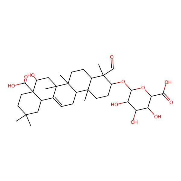 2D Structure of beta-D-Glucopyranosiduronic acid, (3beta,4alpha,16alpha)-17-carboxy-16-hydroxy-23-oxo-28-norolean-12-en-3-yl