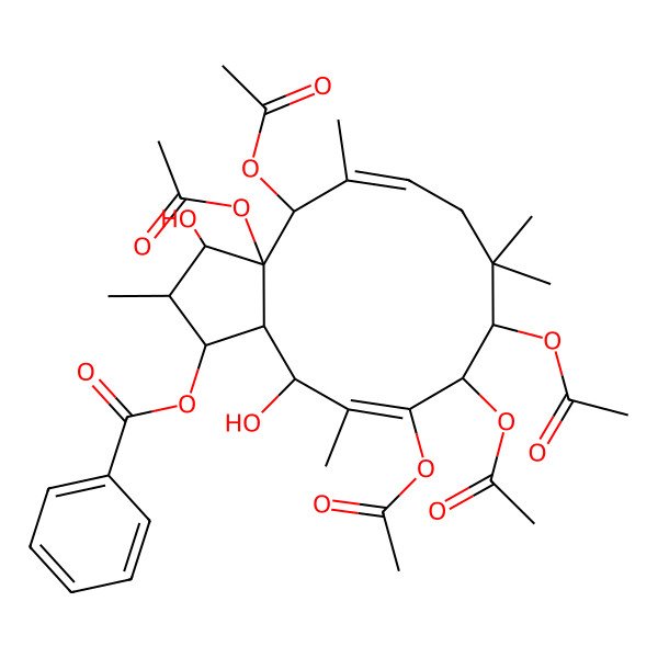 2D Structure of [(1S,2S,3S,3aS,4R,5E,9R,10R,11E,13S,13aS)-3a,4,9,10,11-pentaacetyloxy-3,13-dihydroxy-2,5,8,8,12-pentamethyl-2,3,4,7,9,10,13,13a-octahydro-1H-cyclopenta[12]annulen-1-yl] benzoate