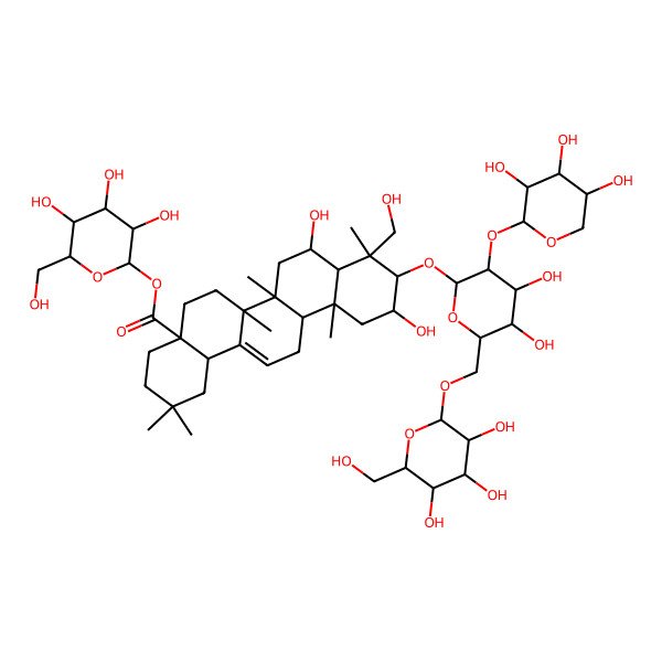 2D Structure of [(2R,3R,4S,5S,6R)-3,4,5-trihydroxy-6-(hydroxymethyl)oxan-2-yl] (4aS,6aR,6aS,6bR,8R,8aR,9R,10R,11S,12aR,14bS)-10-[(2R,3R,4S,5S,6R)-4,5-dihydroxy-6-[[(2R,3R,4S,5S,6R)-3,4,5-trihydroxy-6-(hydroxymethyl)oxan-2-yl]oxymethyl]-3-[(2S,3R,4S,5S)-3,4,5-trihydroxyoxan-2-yl]oxyoxan-2-yl]oxy-8,11-dihydroxy-9-(hydroxymethyl)-2,2,6a,6b,9,12a-hexamethyl-1,3,4,5,6,6a,7,8,8a,10,11,12,13,14b-tetradecahydropicene-4a-carboxylate