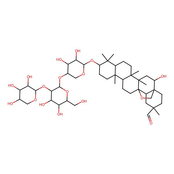 2D Structure of 10-[5-[4,5-Dihydroxy-6-(hydroxymethyl)-3-(3,4,5-trihydroxyoxan-2-yl)oxyoxan-2-yl]oxy-3,4-dihydroxyoxan-2-yl]oxy-2-hydroxy-4,5,9,9,13,20-hexamethyl-24-oxahexacyclo[15.5.2.01,18.04,17.05,14.08,13]tetracosane-20-carbaldehyde