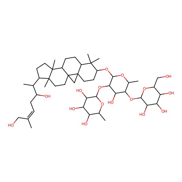 2D Structure of (2S,3R,4R,5R,6S)-2-[(2R,3R,4S,5R,6R)-2-[[(1S,3R,6S,8R,11S,12S,15R,16R)-15-[(Z,2S,3S)-3,7-dihydroxy-6-methylhept-5-en-2-yl]-7,7,12,16-tetramethyl-6-pentacyclo[9.7.0.01,3.03,8.012,16]octadecanyl]oxy]-4-hydroxy-6-methyl-5-[(2S,3R,4S,5S,6R)-3,4,5-trihydroxy-6-(hydroxymethyl)oxan-2-yl]oxyoxan-3-yl]oxy-6-methyloxane-3,4,5-triol