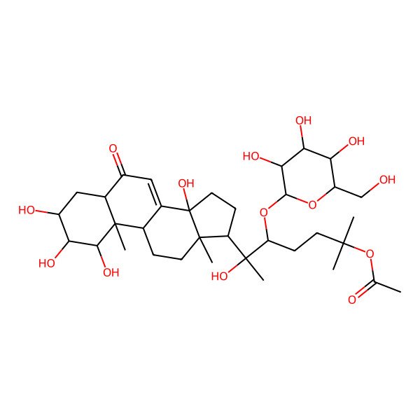 2D Structure of [(5R,6R)-6-hydroxy-2-methyl-6-[(1S,2R,3R,5R,9R,10R,13R,14S,17S)-1,2,3,14-tetrahydroxy-10,13-dimethyl-6-oxo-2,3,4,5,9,11,12,15,16,17-decahydro-1H-cyclopenta[a]phenanthren-17-yl]-5-[(2R,3R,4S,5R,6R)-3,4,5-trihydroxy-6-(hydroxymethyl)oxan-2-yl]oxyheptan-2-yl] acetate