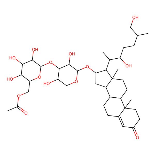 2D Structure of [(2R,3S,4S,5R,6S)-6-[(2S,3R,4S,5R)-2-[[(8S,9S,10R,13S,14S,16S,17R)-17-[(2S,3S,6S)-3,7-dihydroxy-6-methylheptan-2-yl]-10,13-dimethyl-3-oxo-1,2,6,7,8,9,11,12,14,15,16,17-dodecahydrocyclopenta[a]phenanthren-16-yl]oxy]-3,5-dihydroxyoxan-4-yl]oxy-3,4,5-trihydroxyoxan-2-yl]methyl acetate